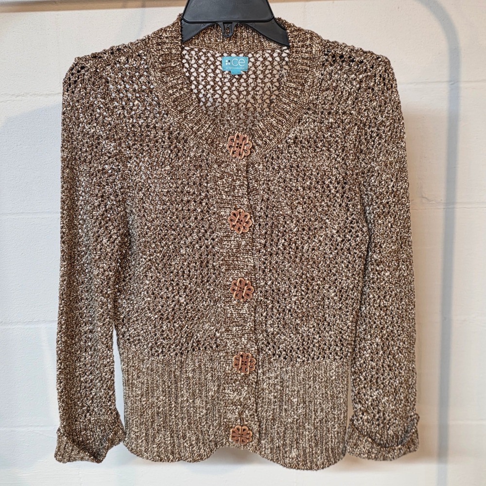 Classiques Entier CE Brown Marled Open Knit Cardigan Floral Button Sweater M